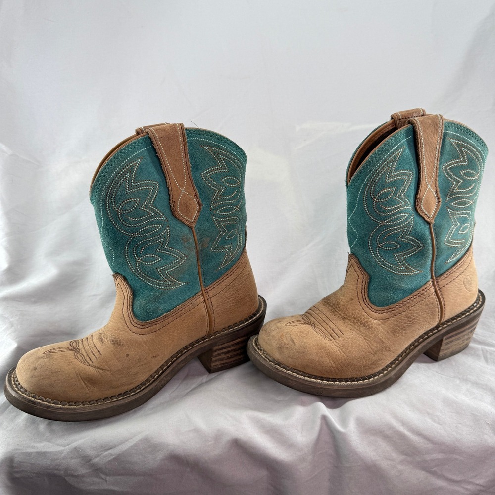 Ariat Womens Brown Leather Teal Suede Square Toe 6B Western Cowgirl Boots - Picture 3 of 9